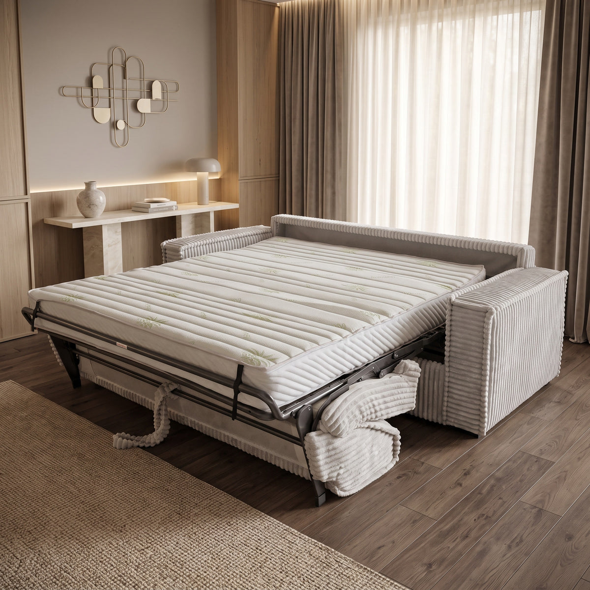 Canapea extensibilă SECONDA crem, deschisă, mecanismul de extensie