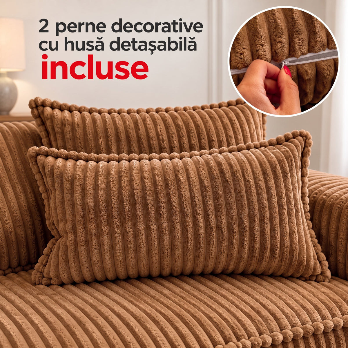 Canapea extensibilă SECONDA maro, 2 perne decorative incluse