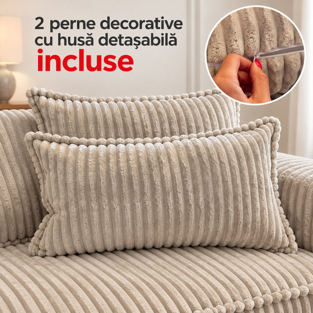 Canapea extensibilă SECONDA crem, 2 perne decorative incluse