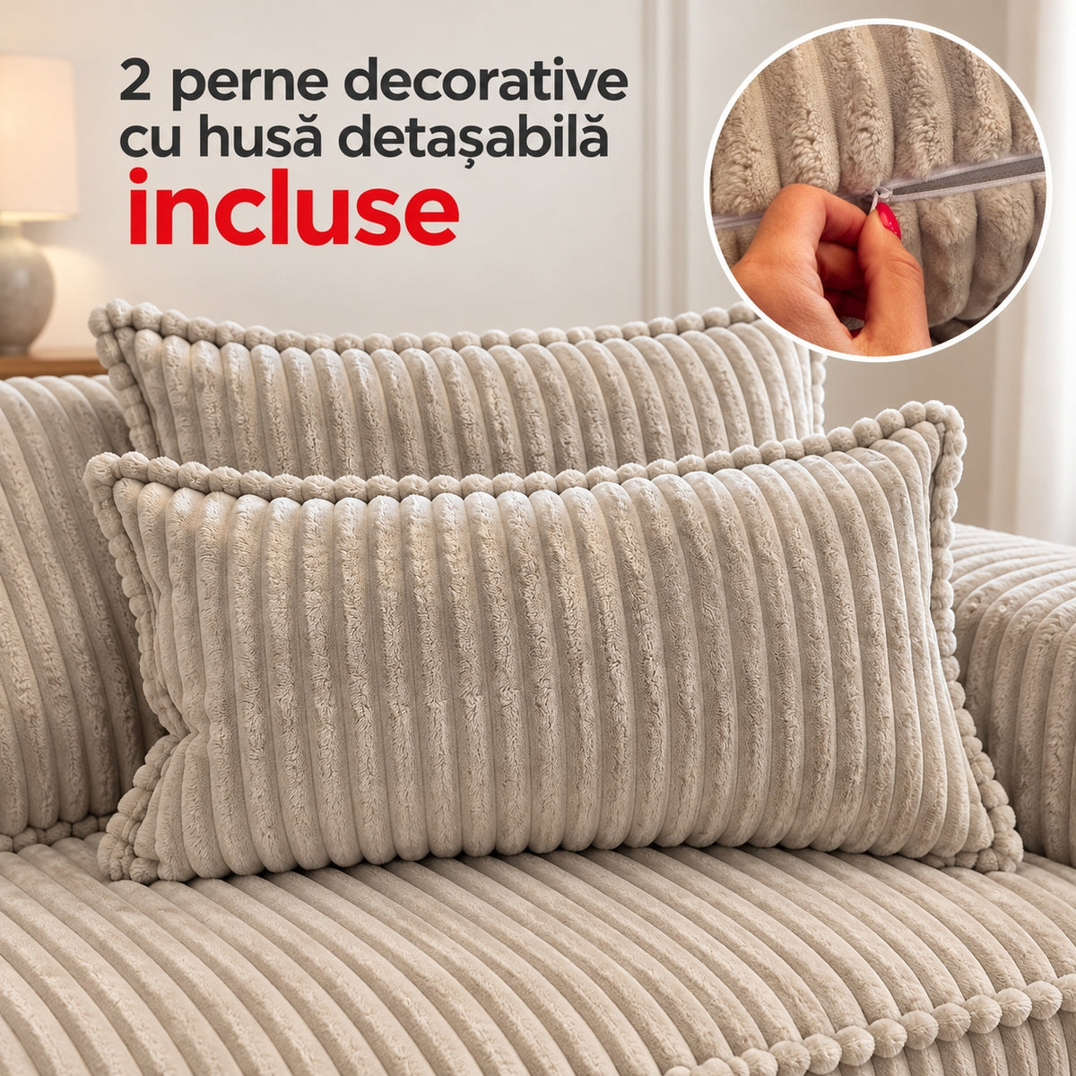 Canapea extensibilă SECONDA crem, 2 perne decorative incluse