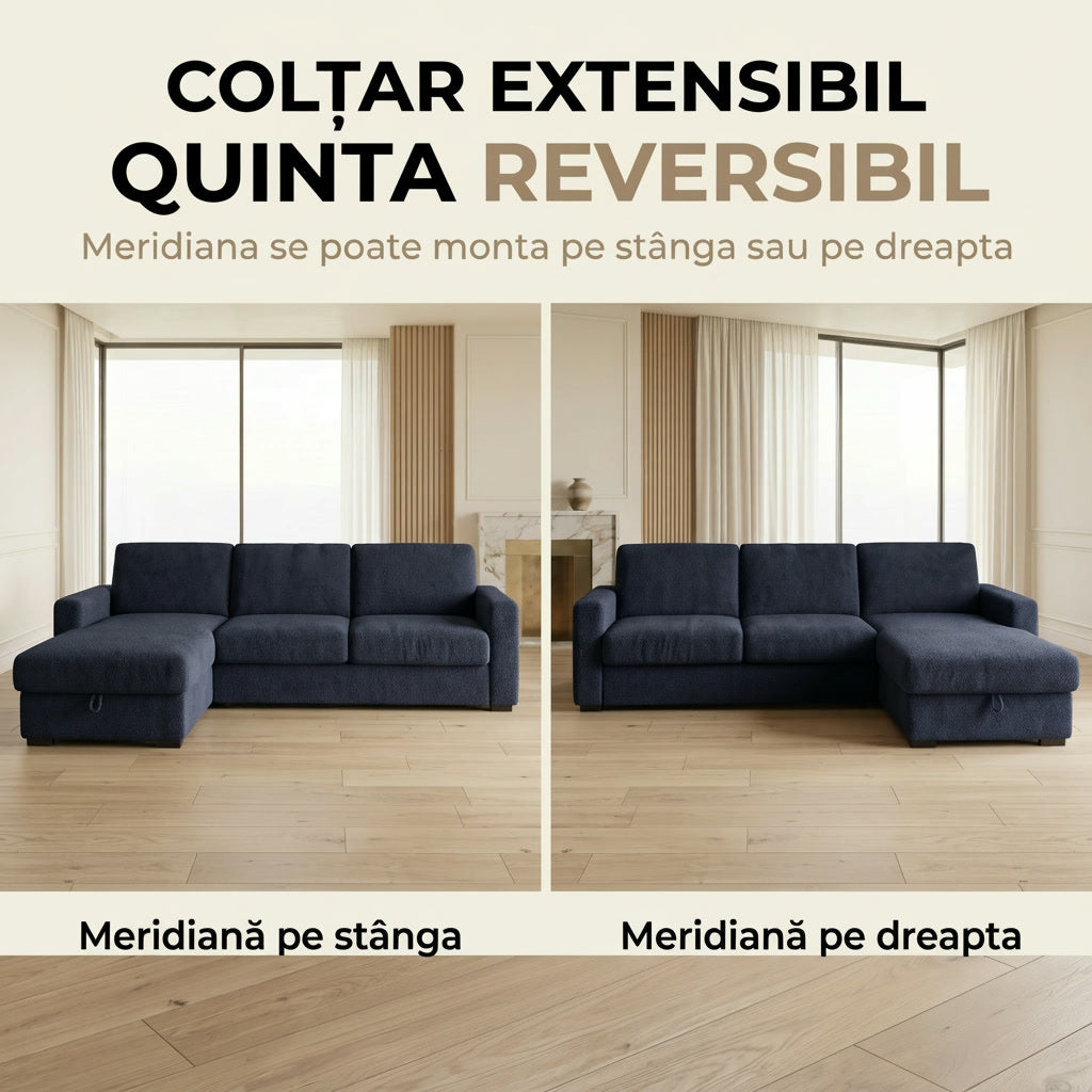 Colțar extensibil QUINTA C2+M, 3 locuri, cu saltea 120x190x20 cm, reversibil