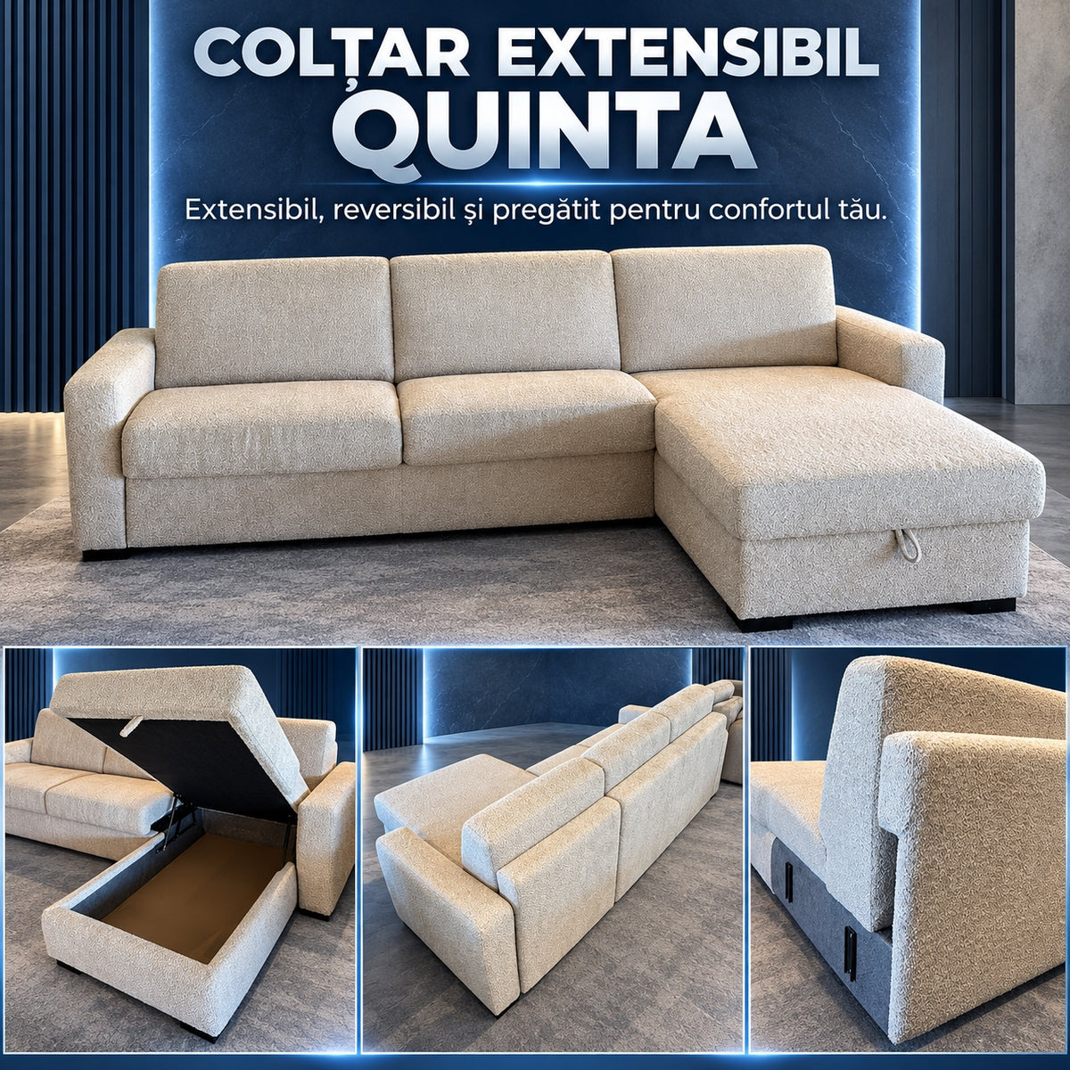 Colțar extensibil QUINTA C3+M, detalii: ladă, spătar și sistem de prindere