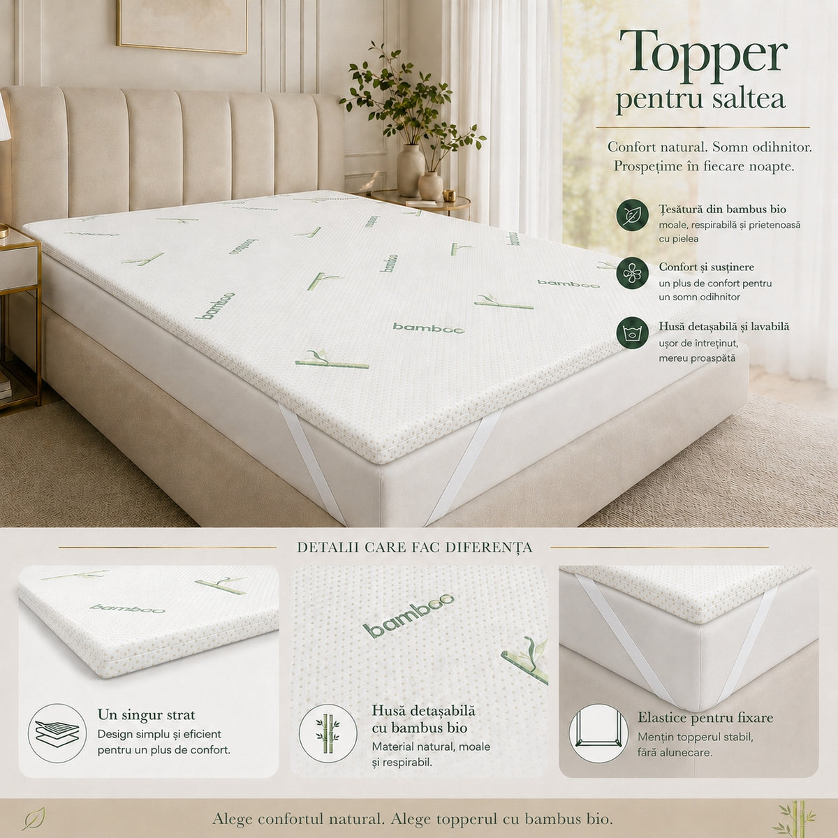 Topper Confort 5 cm cu Husă Detașabilă Bio Bamboo