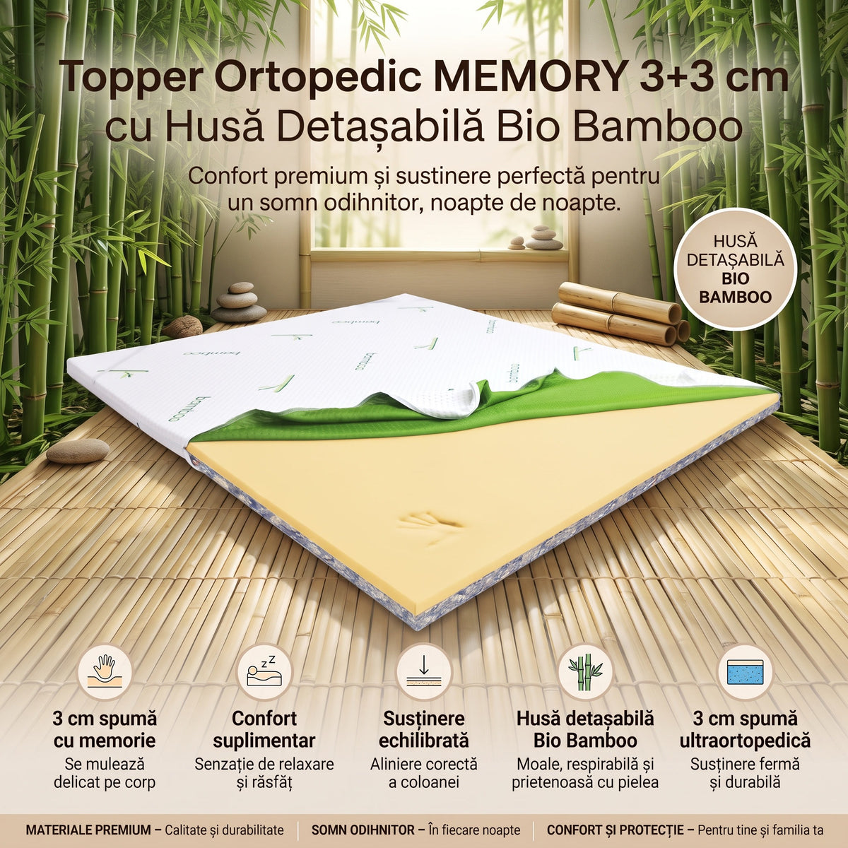 Topper Ortopedic MEMORY 3+3 cm cu Husă Detașabilă Bio Bamboo