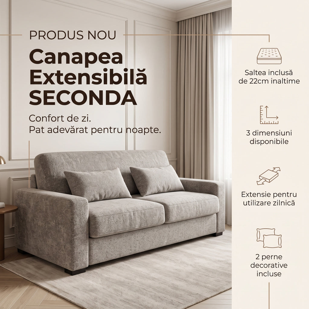 Canapea extensibilă SECONDA C2 saltea de 22 cm, 3 dimensiuni, 2 perne incluse
