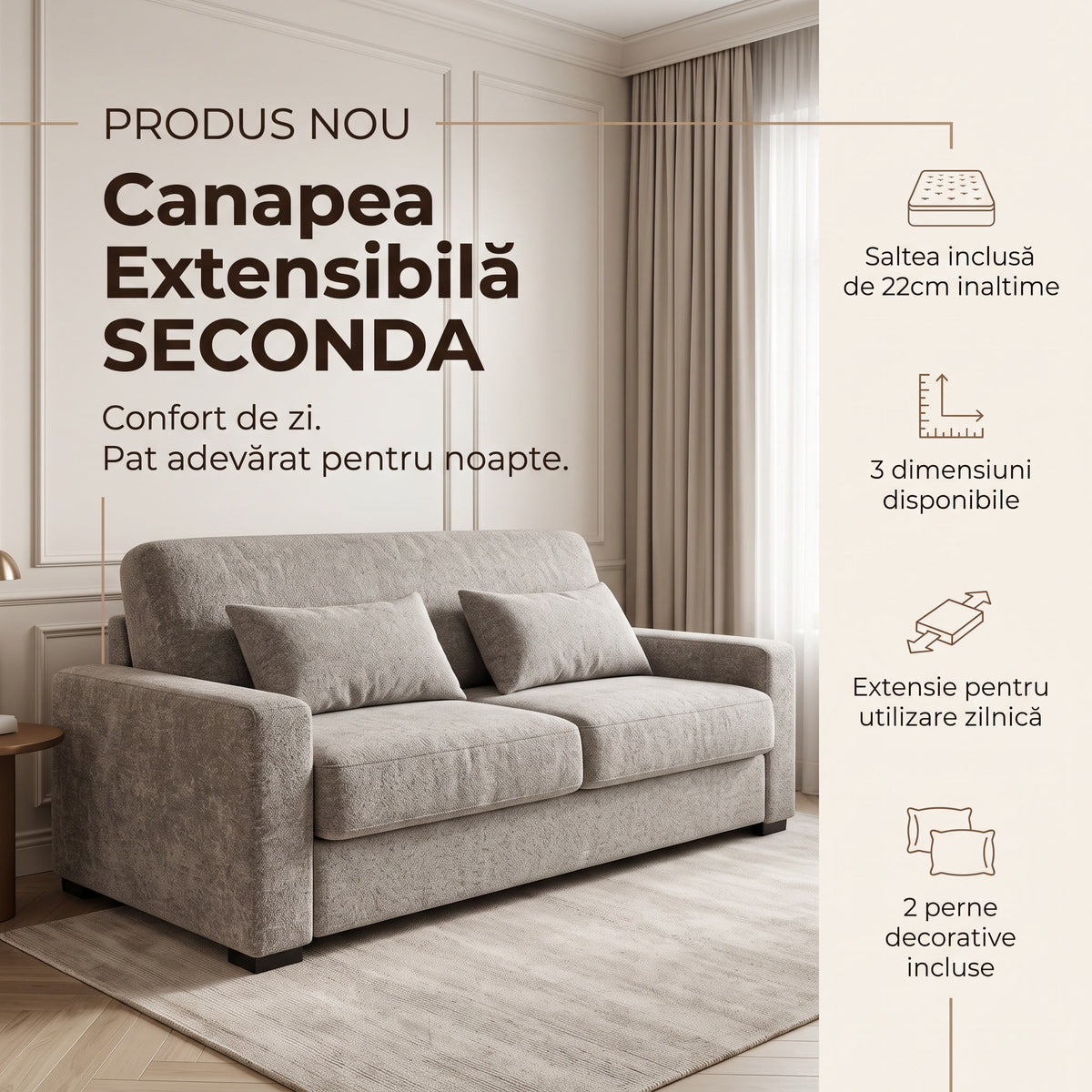 Canapea extensibilă SECONDA C3 saltea de 22 cm, 3 dimensiuni, 2 perne incluse