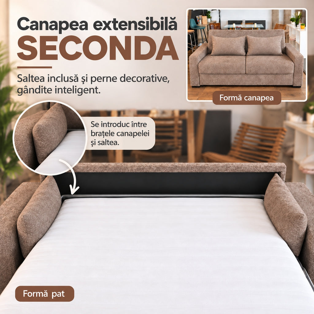 Canapea extensibilă SECONDA C3 pernele decorative se pun între brațe și saltea