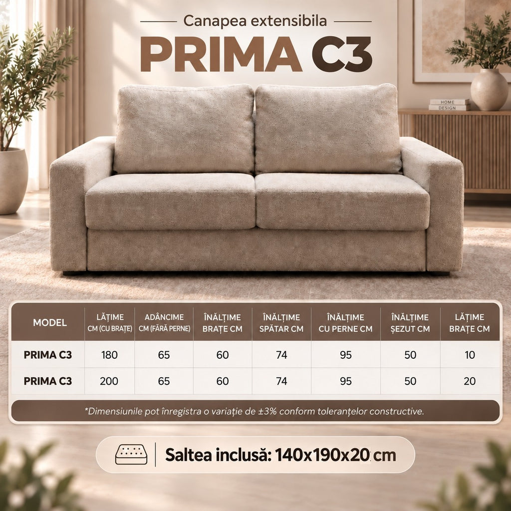 Dimensiuni canapea extensibilă PRIMA C3