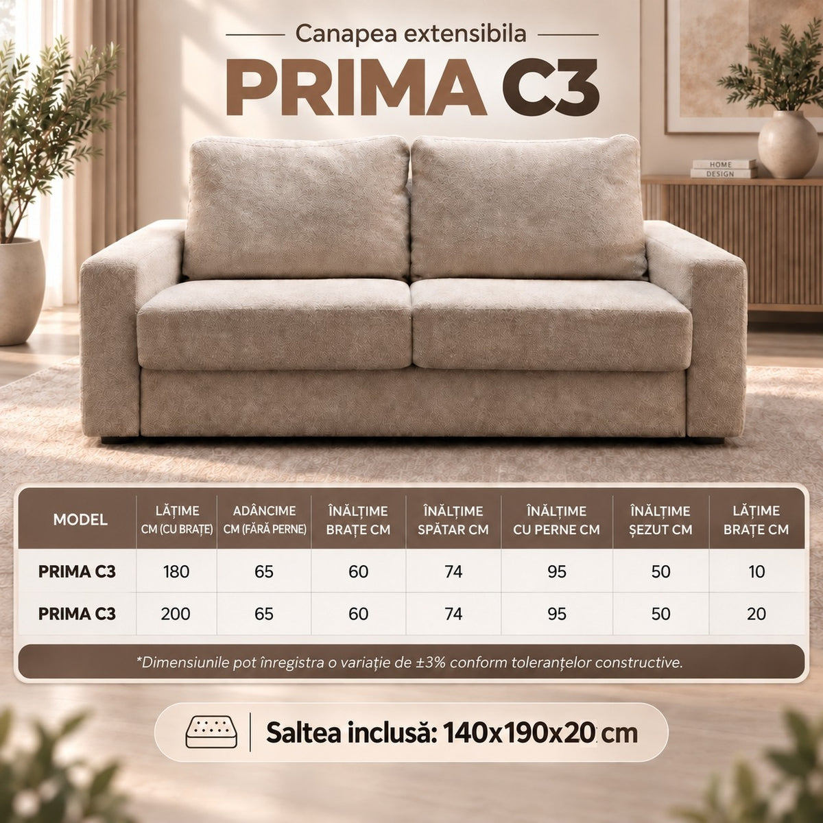 Dimensiuni canapea extensibilă PRIMA C3