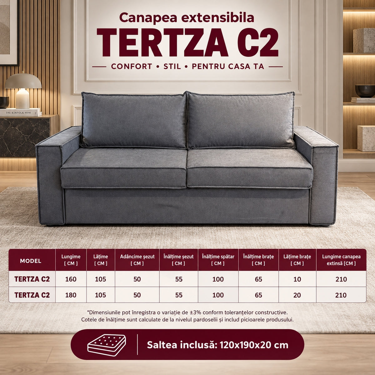 Canapea extensibilă TERTZA C2, cu saltea 120x190x20 cm