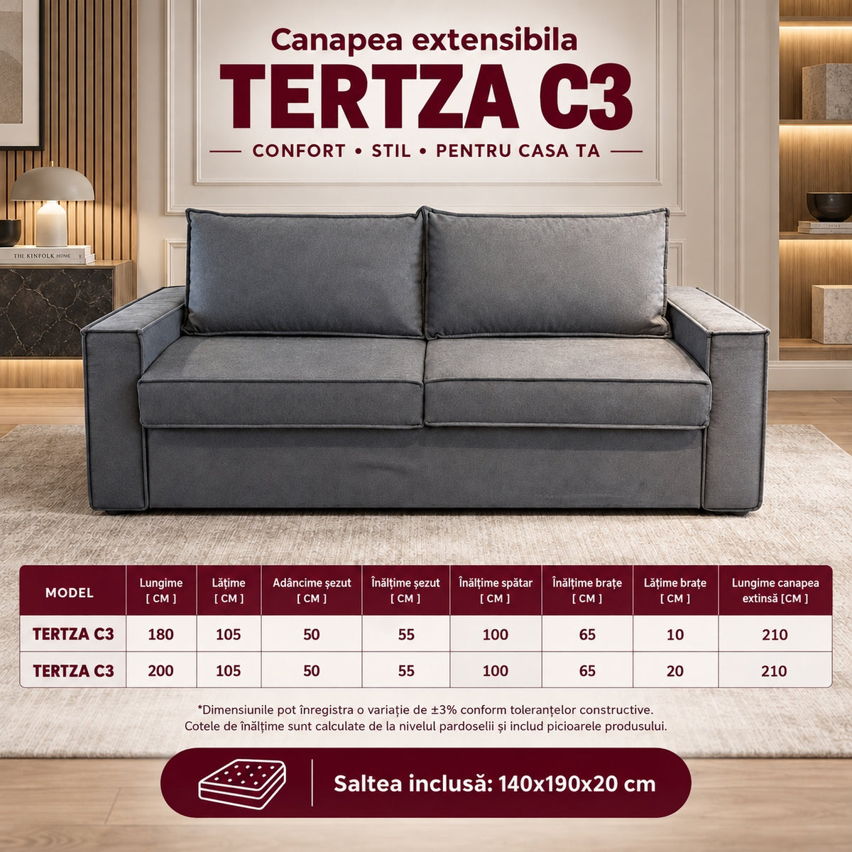 Canapea extensibilă TERTZA C3, cu saltea 140x190x20 cm