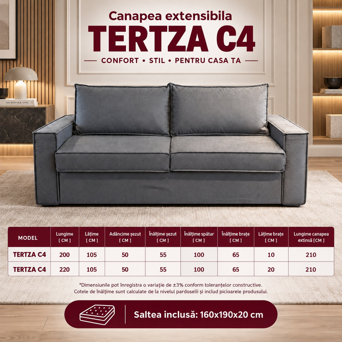 Canapea extensibilă TERTZA C4, cu saltea 160x190x20 cm