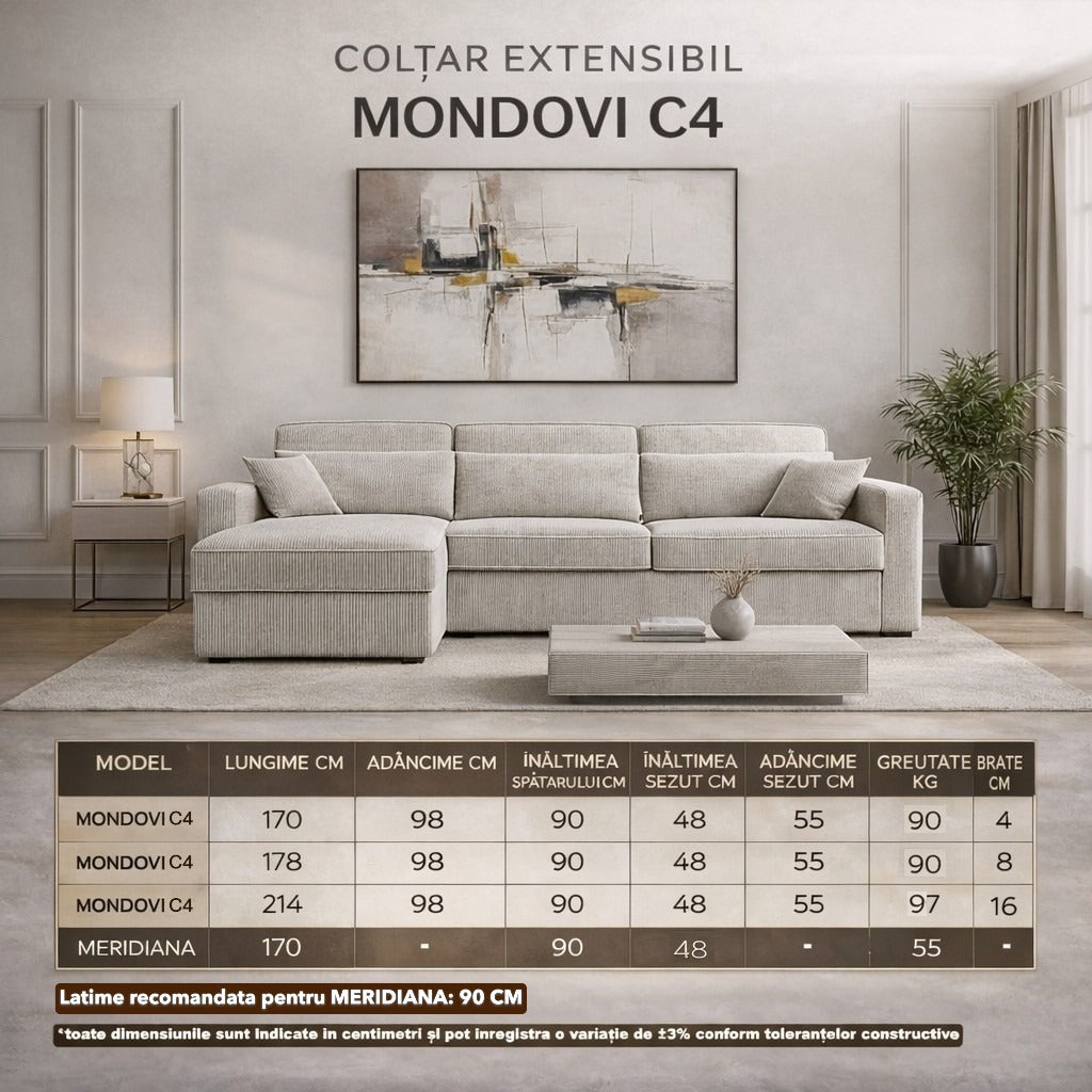 Colțar extensibil MONDOVI 5 locuri cu saltea 160×190 cm, reversibil stânga/dreapta (C4+M)