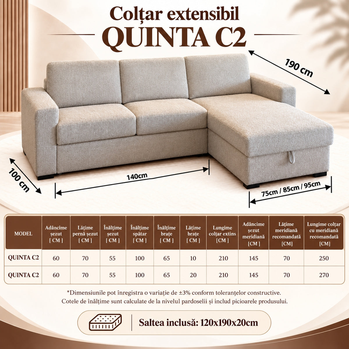 Colțar extensibil QUINTA C2+M, dimensiuni QUINTA C2+M