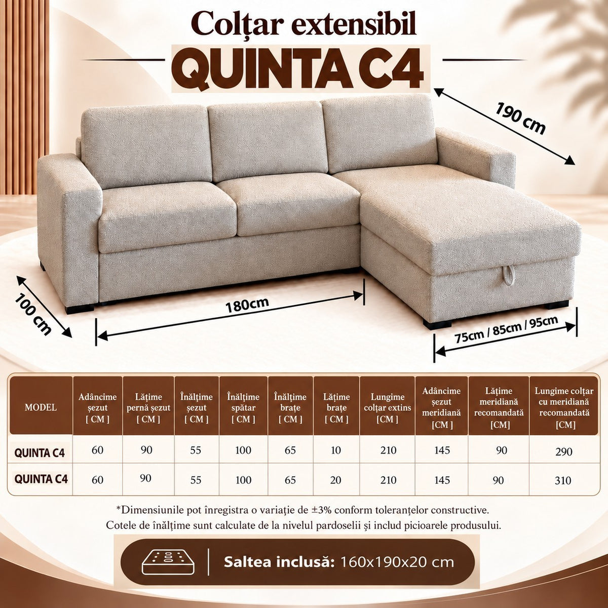 Colțar extensibil QUINTA C4+M, dimensiuni QUINTA C4+M