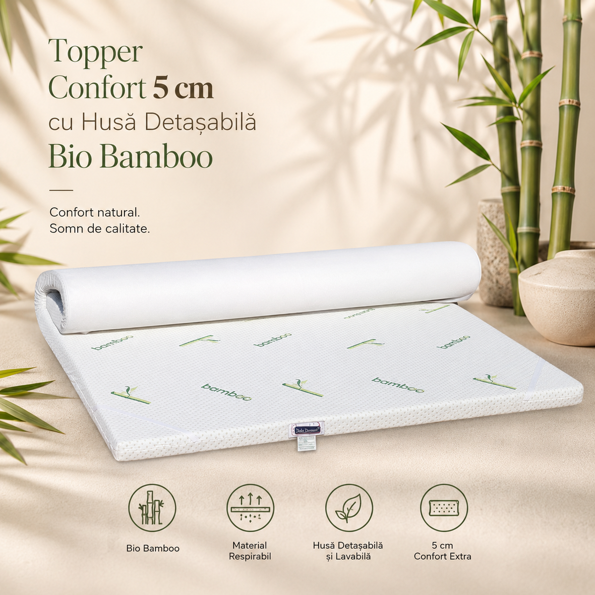 Topper saltea 5 cm cu husă bamboo