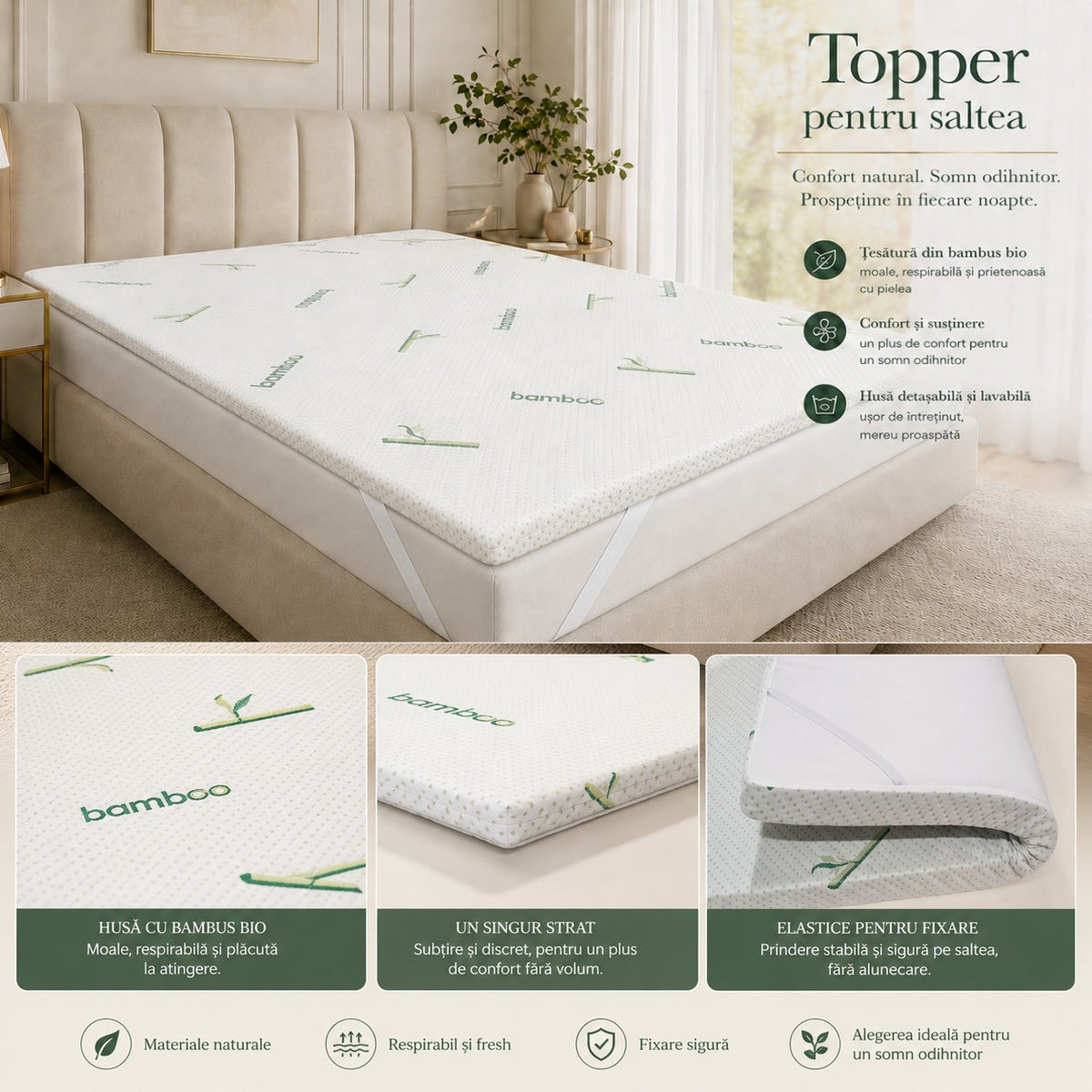 Topper saltea 5 cm: husă detașabilă, elastice de fixare